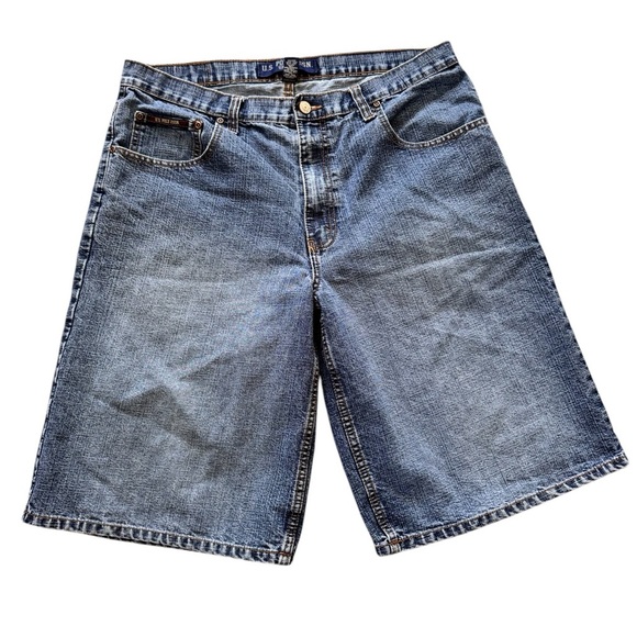 VTG US Polo Assn Blue Denim Shorts Mens Size 36 Throwback Hip Hop Baggy - Picture 1 of 6